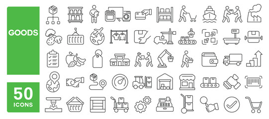 Set of 50 line icons related to goods, production, industrial, trade, market, product, customer, buy, delivery, packaging, Editable stroke. Vector illustration