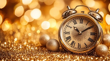 Glittering clock and ornaments ready for New Year celebration at midnight