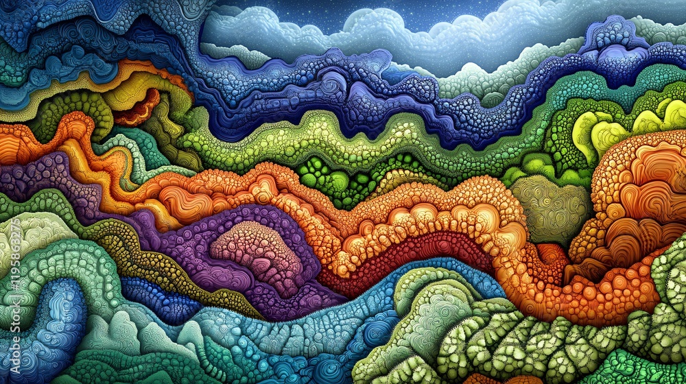 Poster vivid abstract landscape with flowing colors and intricate patterns in a creative design