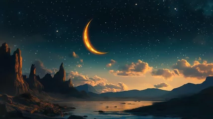 Crescent moon glowing over a serene landscape at sunset, with mountains and a calm lake.
