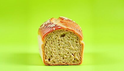 Fototapeta premium A golden-brown loaf of sesame seed bread, freshly baked and sliced, is presented against a vibrant green background. The image showcases the bread's texture, from its crisp crust to its soft, airy cru