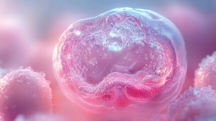 3D-rendered embryonic cells under a microscope, showcasing cellular structure with vivid pink hues and a soft blue background. Ideal for medical visuals.