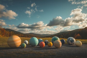 Planet Parade in a Scenic Meadow Landscape with Rolling Hills and Autumn Foliage, Combining Nature and Astronomy Art, Perfect for Creative Projects, Science Education, and Inspiring Visual Concepts