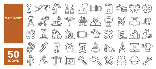 Set of 50 line icons related to machinery, automation, industrial, engineering, manufacturing, process, production, vehicles, robotic, conveyor, Editable stroke. Vector illustration