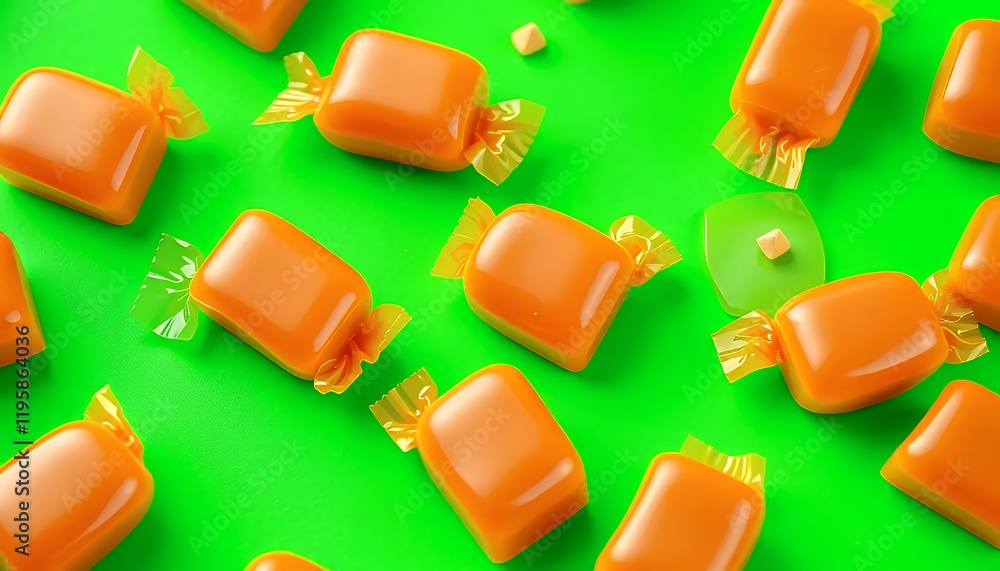 Poster A vibrant collection of individually wrapped caramel candies arranged on a bright green background, creating a visually appealing and appetizing flat lay composition perfect for showcasing confectione