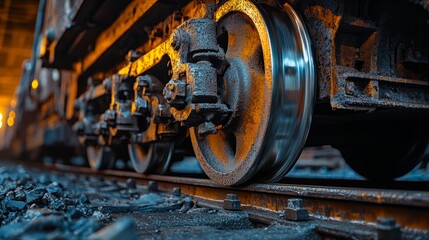 Close-up of a rusty train wheel on tracks, highlighting intricate mechanical details in a dimly lit environment