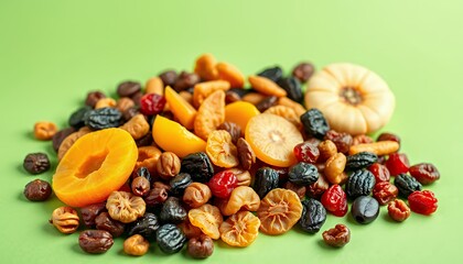 Obraz premium A vibrant mix of dried fruits and candied pumpkin pieces, arranged on a green background. This studio shot showcases the colorful assortment of apricots, cranberries, raisins, and more, highlighting t