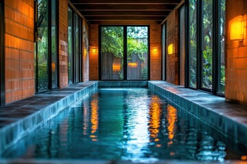 Tranquil indoor pool surrounded by modern architecture and lush greenery in serene setting
