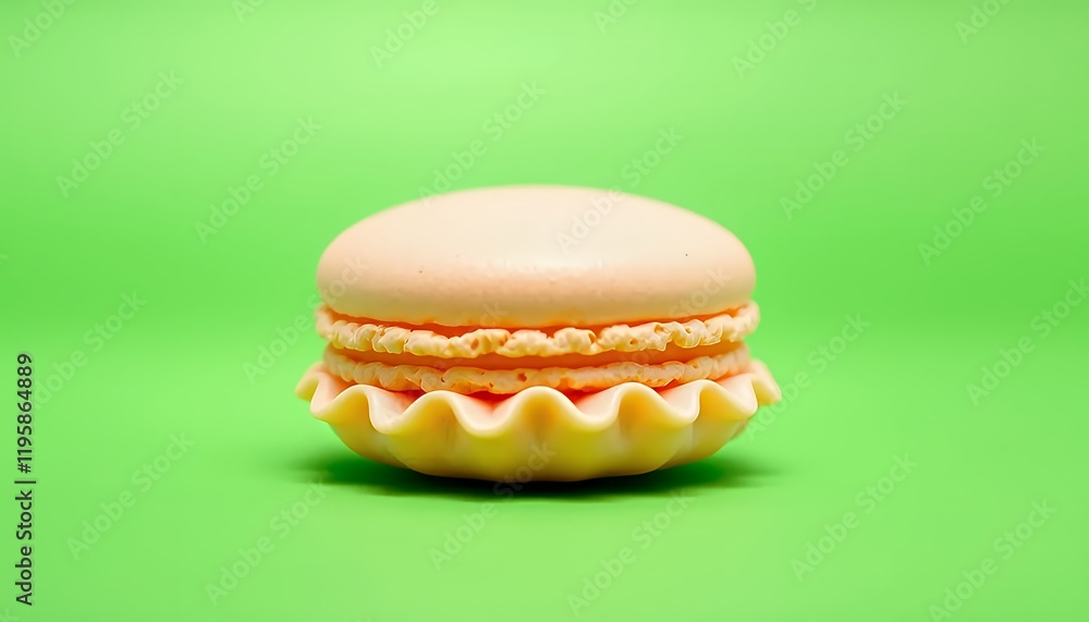 Poster Close-up of a delicate peach-colored macaron isolated on a bright green screen background. The image showcases the smooth texture and pastel color of the macaron, emphasizing its delicate and deliciou