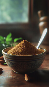 Close-up. Brown ground spices in a mortar.