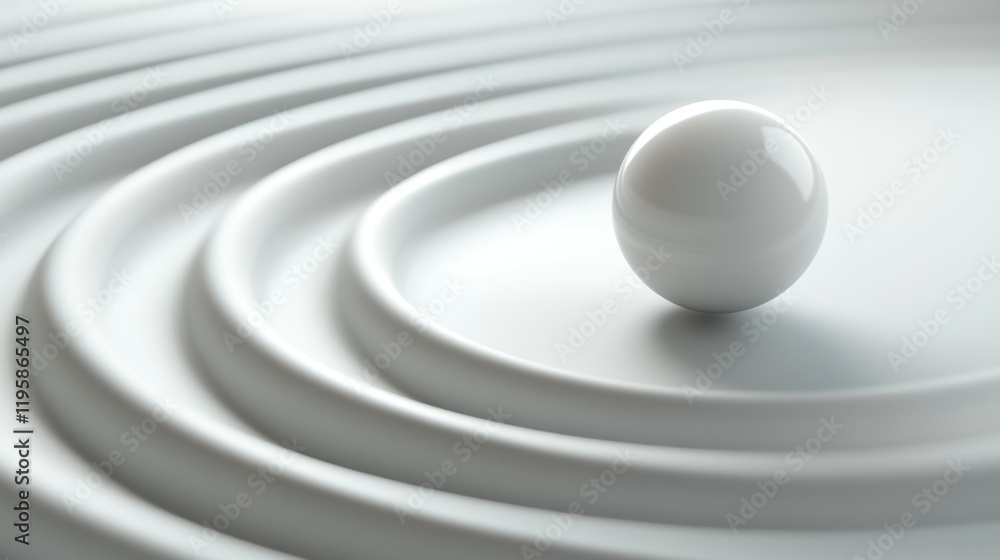 Fototapete abstract white installation with a sphere rolling on curved lane with soft shadows, 3d rendering ill