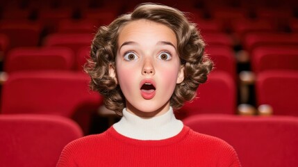 A woman in retro style with wide eyes and an open mouth, sitting in a theater with red seats, expressing great enthusiasm and surprise.