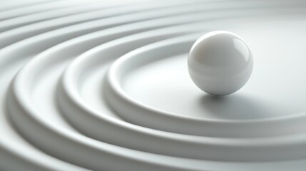 Abstract white installation with a sphere rolling on curved lane with soft shadows, 3d rendering illustration