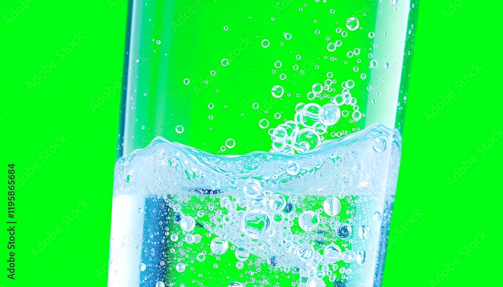 Poster close-up of sparkling water pouring into a glass isolated on green screen background. refreshing and