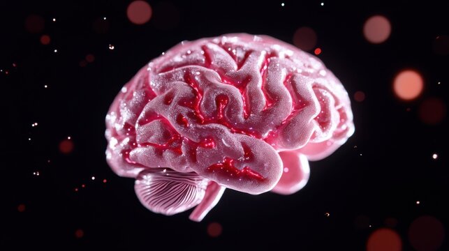 A digital representation of a human brain glowing with red and pink hues, symbolizing the development of artificial intelligence and creativity. - Powered by Adobe