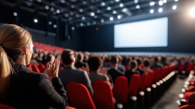 A diverse audience sits in a modern amphitheater, facing a large screen under bright lights. The atmosphere is vibrant and engaged. - Powered by Adobe