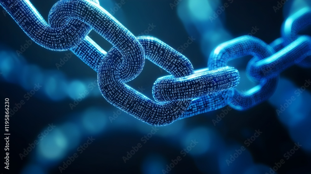 Poster abstract digital chain link technology background blue data security network code blockchain concept