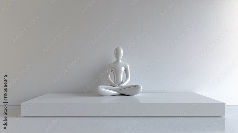 Poster serenity in a minimalist space with a meditative figure on a display platform