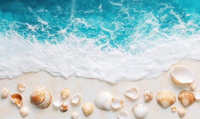 Coastal shells scattered on sandy beach near gentle waves under sunny sky