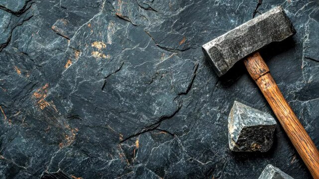 Heavy hammer and chisel placed on rugged stone surface highlighting craftsmanship and construction techniques