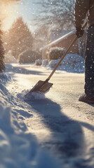 Person shoveling snow on a sunny winter day.