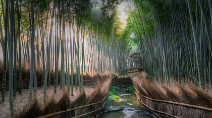 Fototapeta premium Serene Bamboo Forest with Towering Green Stalks, Dappled Light, Fallen Leaves, Natural Tunnels of Shadow and Light, and a Crystal-Clear Stream Enhancing the Tranquil Ambiance