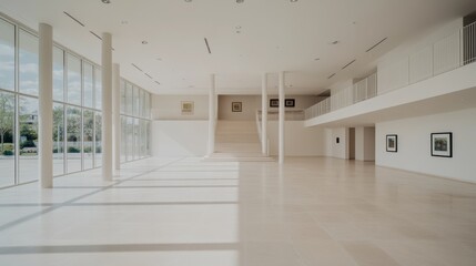 A spacious, modern office interior with large windows, minimalistic design, and framed artwork on the walls, creating a serene and airy atmosphere.