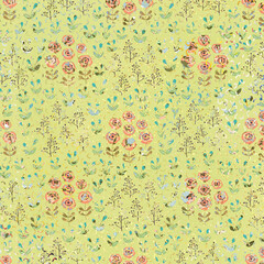 Whimsical floral pattern with pink roses, tiny leaves, and distressed texture on a yellow-green background. Playful botanical design perfect for fabric and crafts.