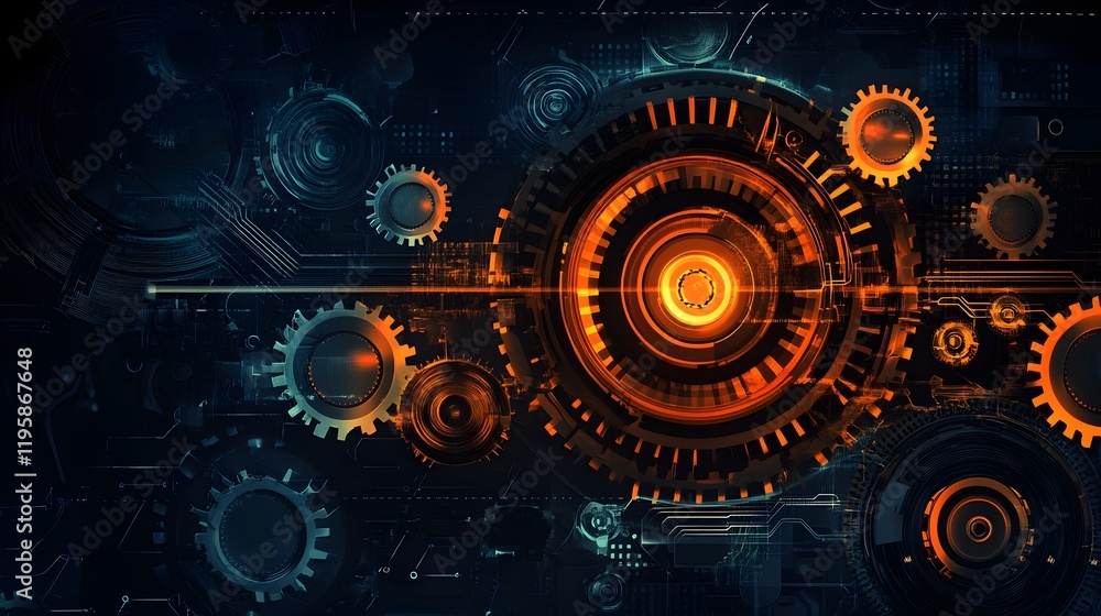Poster abstract technology background orange gears digital circuit design futuristic innovation modern tech