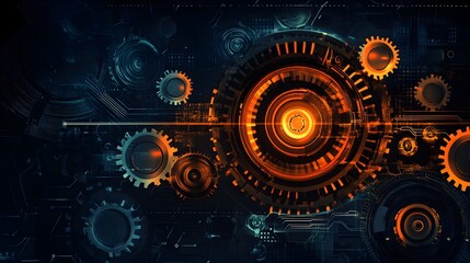 Obraz premium Abstract Technology Background Orange Gears Digital Circuit Design Futuristic Innovation Modern Technology Network System Digital Interface Engineering 