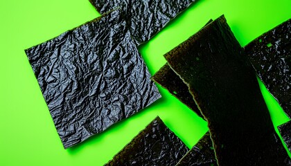 Obraz premium Overhead shot of multiple pieces of dark, glossy, crispy seaweed snacks scattered on a vibrant green background. The seaweed sheets have a textured surface and appear delicious and crunchy, offering a