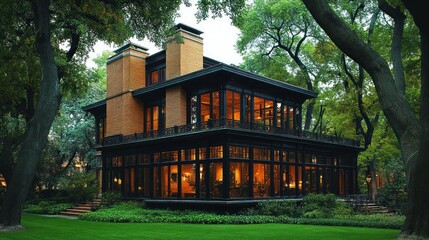Majestic Brick Mansion nestled in a lush green landscape, illuminated with warm interior lighting.