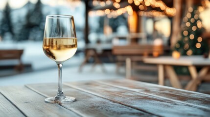 Obraz premium A glass of white wine sits on a wooden table in a festive outdoor setting with blurred lights and a cozy atmosphere, evoking a warm, celebratory mood.