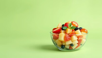 Refreshing Summer Fruit Salad in Glass Bowl on Green Background. A vibrant mix of cantaloupe, watermelon, strawberries, blueberries and blackberries, creating a healthy and delicious summer treat. Iso