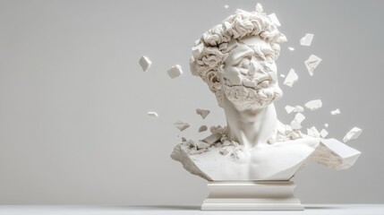 Fototapeta premium A broken ancient Greek statue head is depicted in mid-destruction, with pieces floating away. The marble sculpture contrasts with a soft, neutral background.