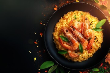 Fototapeta premium Delicious seafood risotto adorned with succulent shrimp and fresh herbs in an elegant presentation