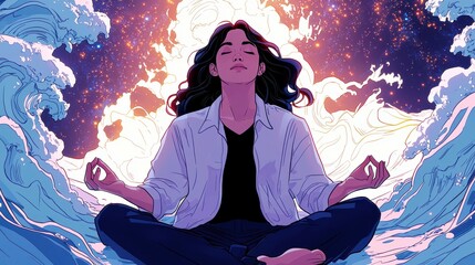Tranquil Meditative State Amidst Cosmic Waves and Bright Stars in Surreal Digital Artwork