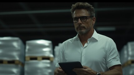 A man with glasses focuses on a tablet while standing in a dimly lit, high-tech warehouse with stacks of items on shelves in the background.