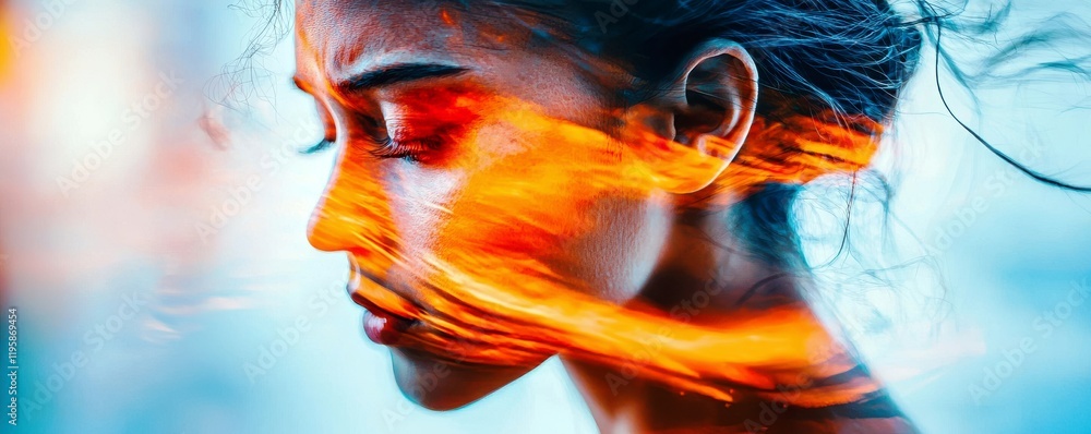 Poster portrait of a young woman with abstract artistic elements and vibrant colors representing emotion an