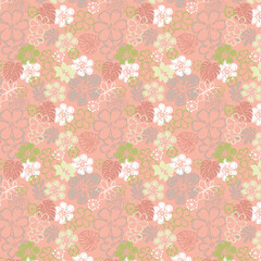 Pastel coral floral pattern with outlined blossoms and green accents. Soft seamless botanical design perfect for spring textiles and feminine décor.
