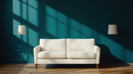A cozy modern living room features a white sofa against a teal wall with soft shadows. Minimalist decor and warm lighting create a serene atmosphere.