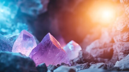 A sparkling iridescent crystal cave in brilliant hues. Colorful crystal cave in magical aura and soft lights.