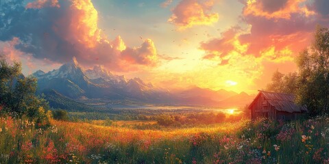 A breathtaking serene landscape showcasing a vast field of vibrant wildflowers against a backdrop of majestic mountains and a captivating sunset sky
