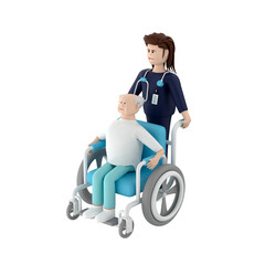Senior character sitting on a wheelchair while female doctor pushing from behind, 3d render