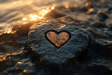 Fototapeta premium Heart carved in stone by the sea at sunset