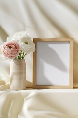 Soft pastel flowers in vase beside an empty wooden frame on fabr