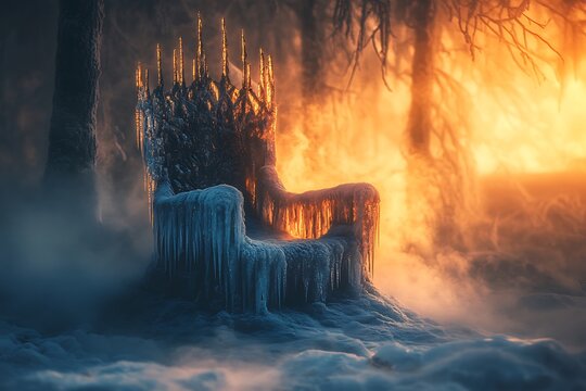Frozen throne melting in a burning winter forest at sunset