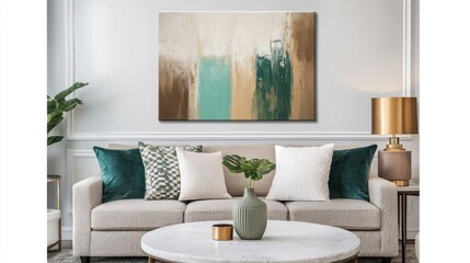 Teal, brown abstract canvas art above sofa in modern living room