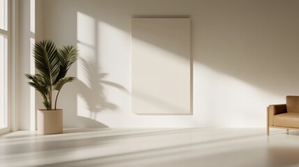 Minimalist living room with a leather sofa and large canvas. Soft natural light filters through windows, highlighting a tall potted plant.