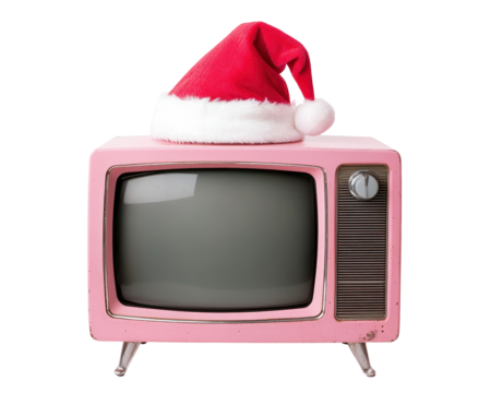 Isolated Pink Retro Television with Santa Hat
